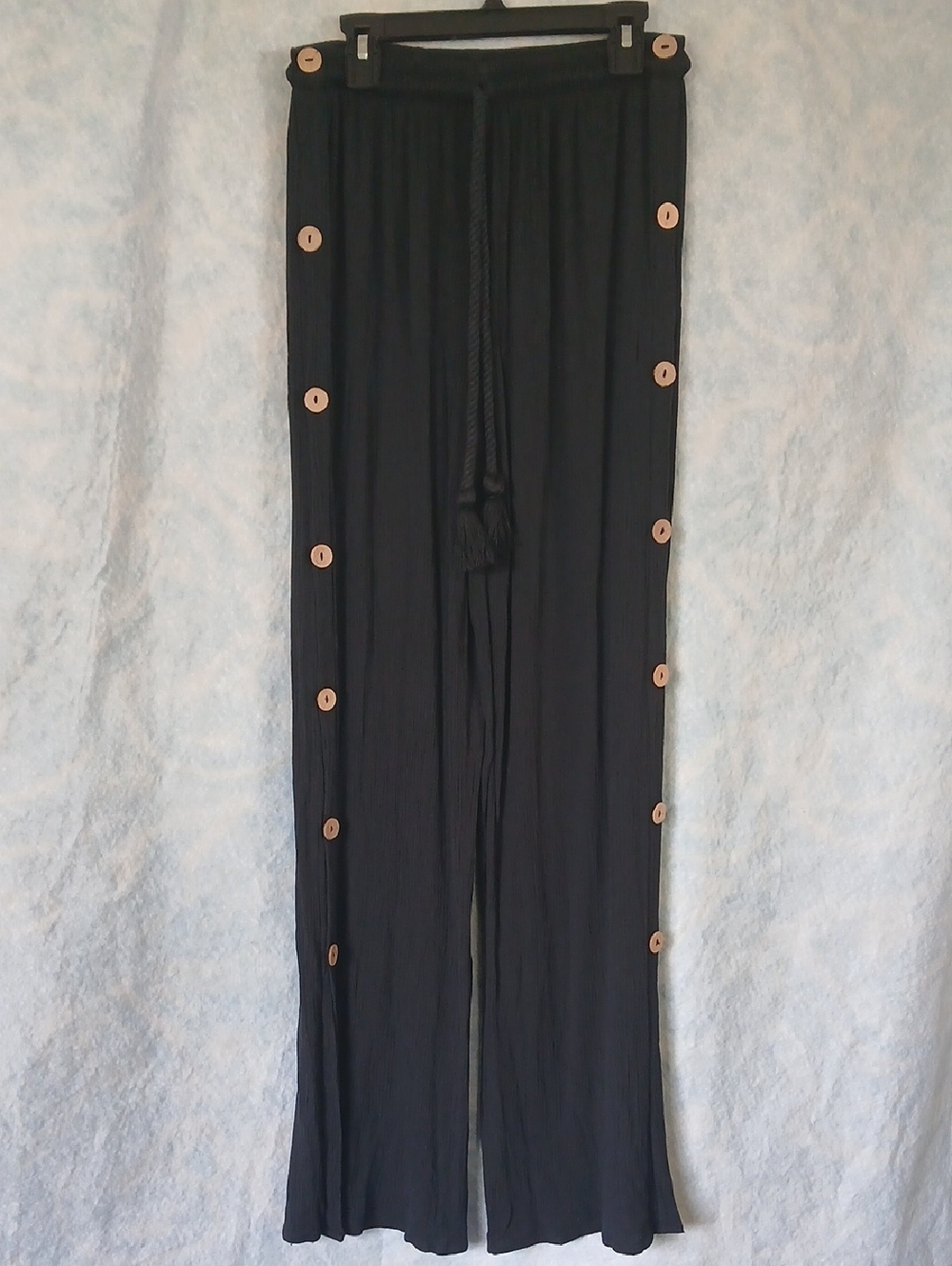 Olivaceous Black Button-Trim Crinkle Wide Leg Pants Beach Coverup Womens SZ M